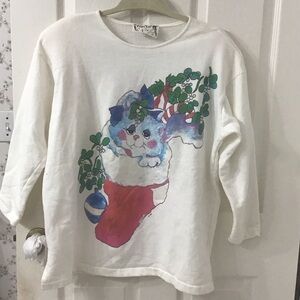 Vintage 90’s Xmas Kitten in Stocking  Sweat Shirt Hand Painted Design One Size.